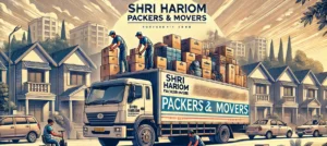 DALL·E 2025-01-14 19.29.15 - A dynamic scene of packers and movers in action featuring trucks branded with 'Shri Hariom Packers and Movers' logo, workers in uniforms carefully han